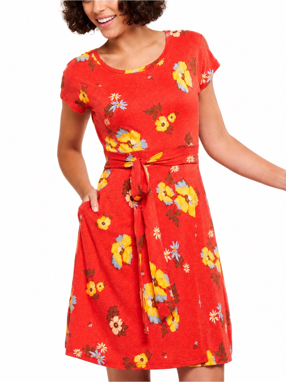 Toad&Co. Cue Wrap Short Sleeve Dress 0787 Orange Floral Print small women